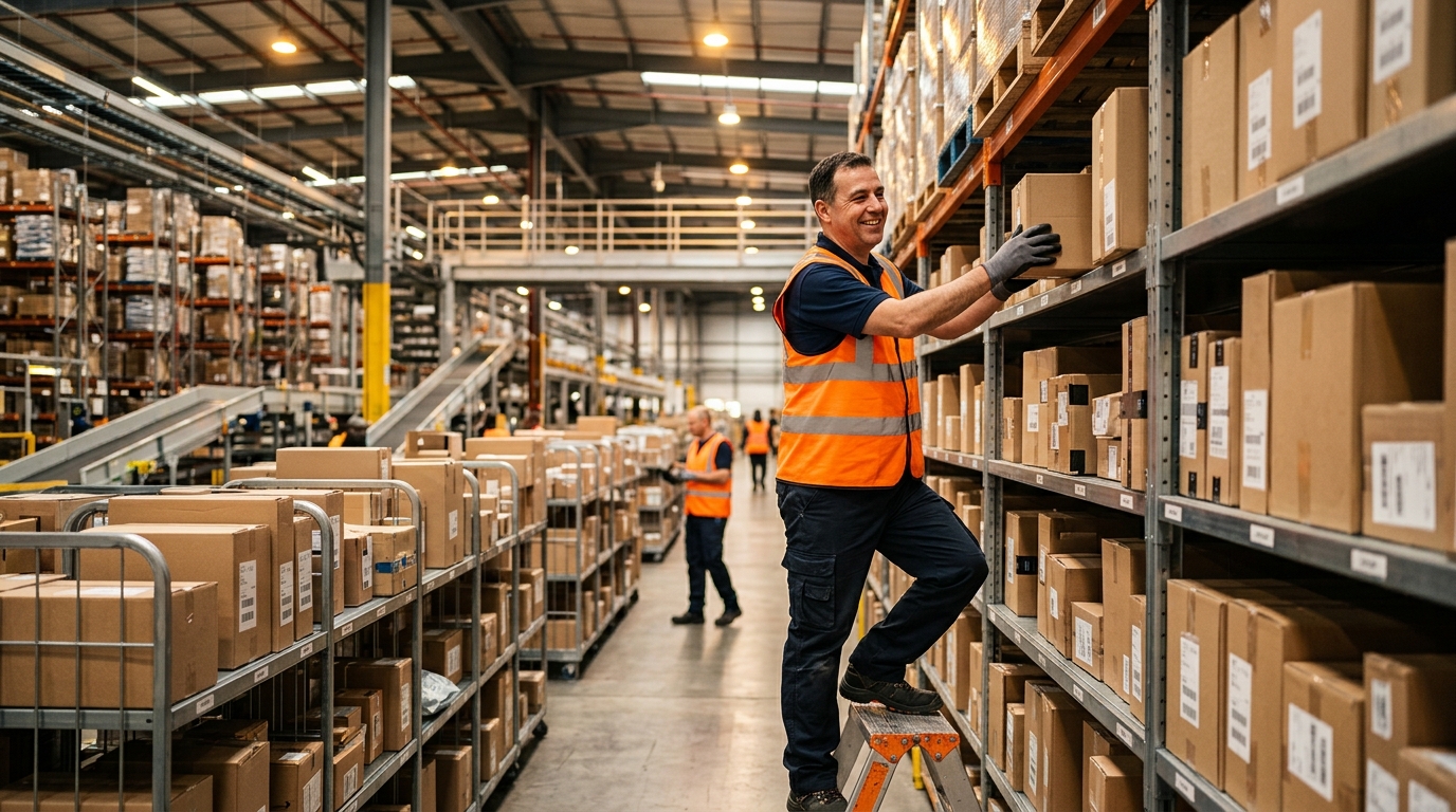 Employé logistique organisant des colis en entrepôt