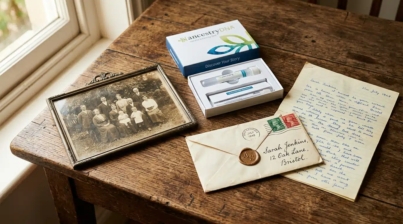 Test génétique et vieille photo de famille sur table en bois