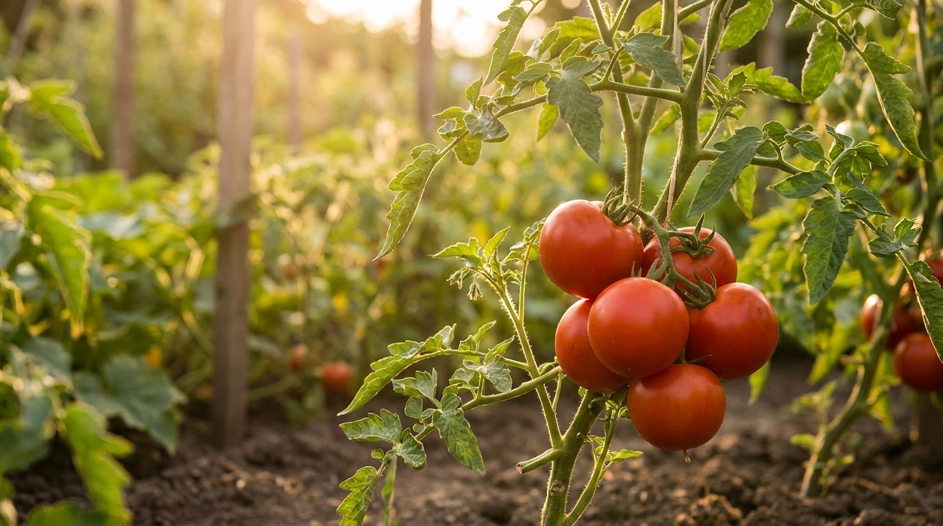 Plants de tomates mûres avec gourmands visibles au soleil
