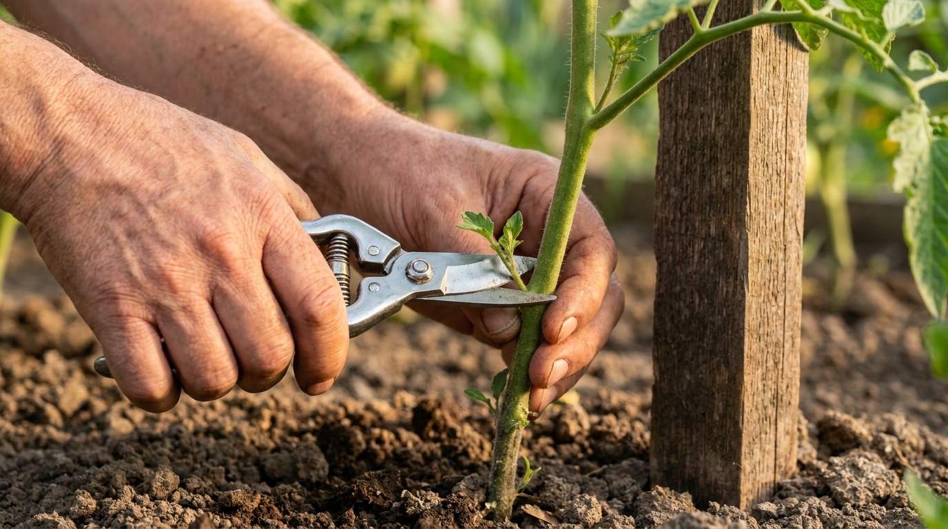 Mains taillant un gourmand sur un pied de tomate