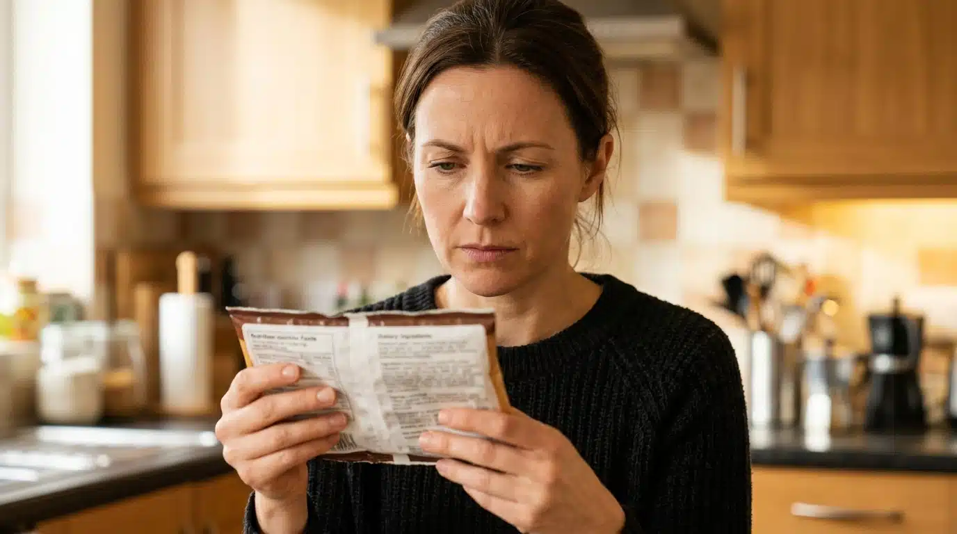 Personne vérifiant l'étiquette d'un produit surgelé