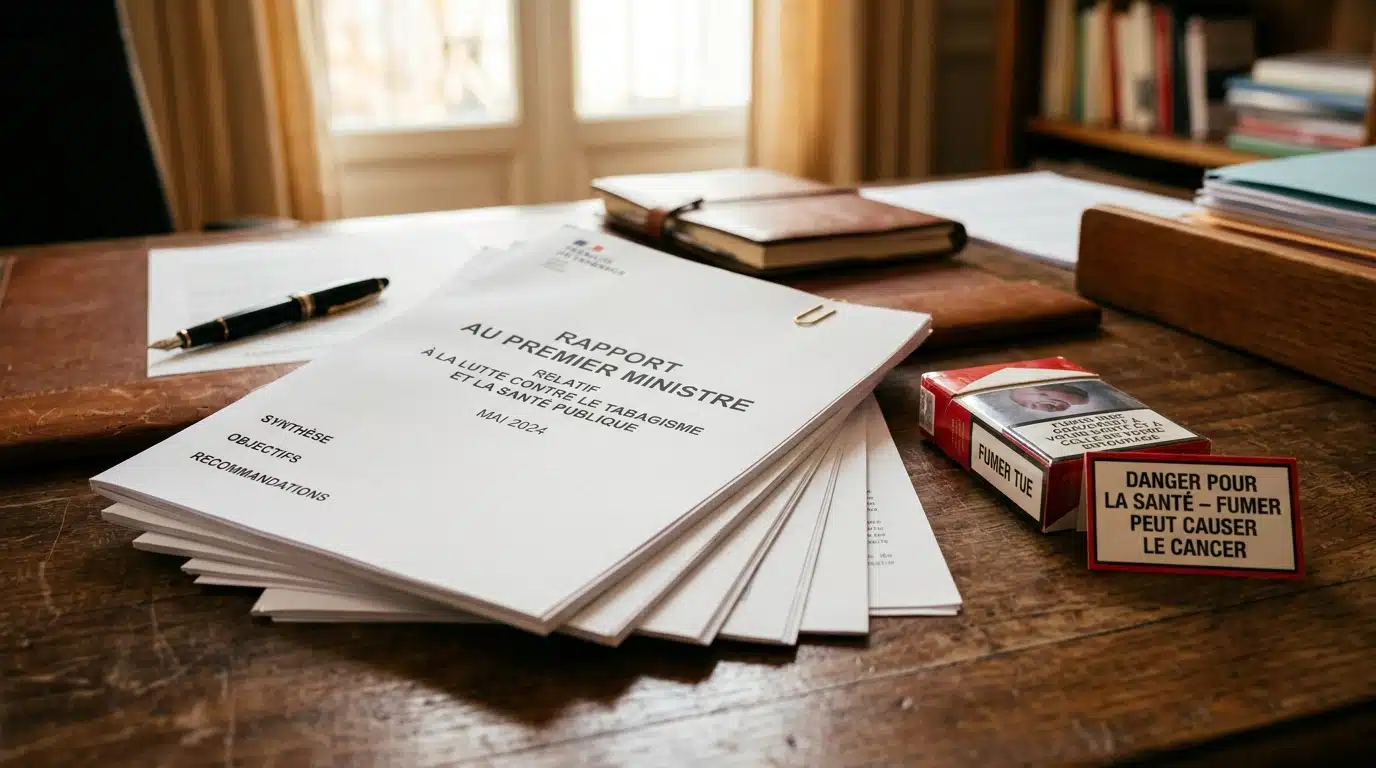 Paquet de cigarettes posé sur un rapport officiel