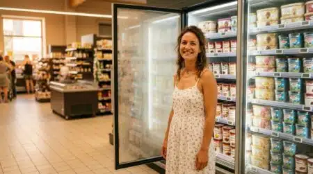 Femme souriante devant le rayon glaces du supermarché