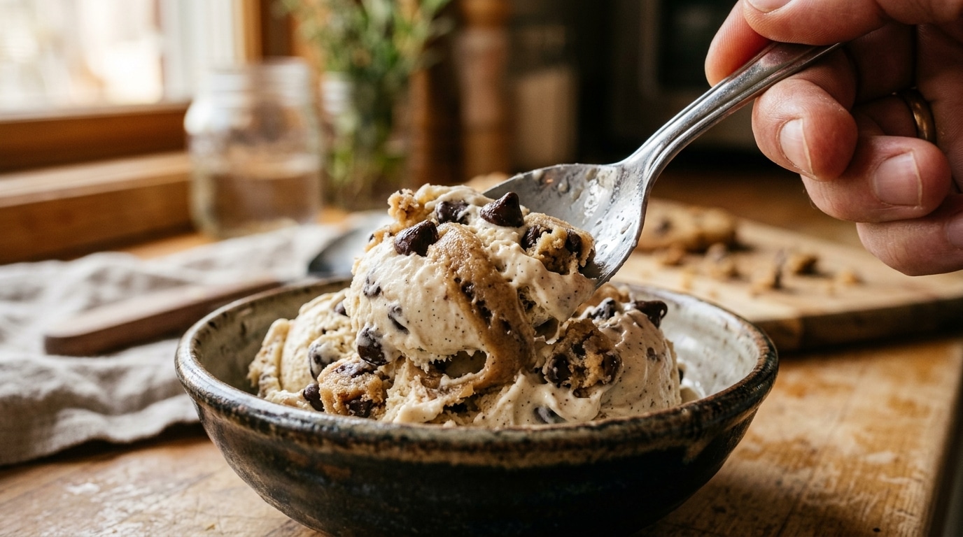 Cuillère de glace au cookie dough avec pépites de chocolat