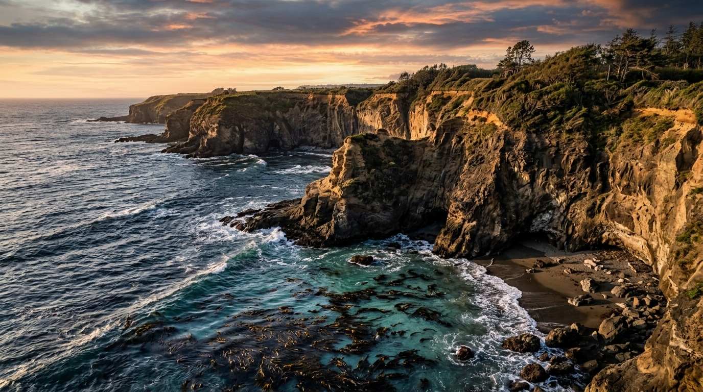 Falaises côtières et forêt de kelp sur une île californienne