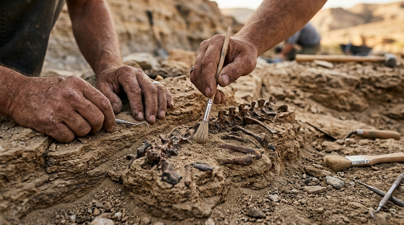Mains dégageant délicatement des ossements anciens du sable