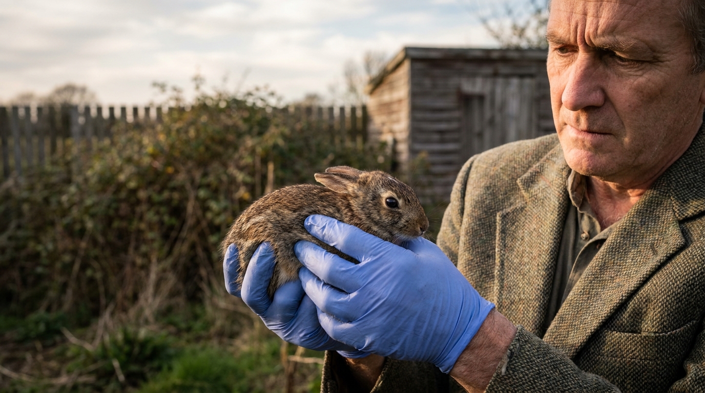 Personne examinant un lapin sauvage avec des gants