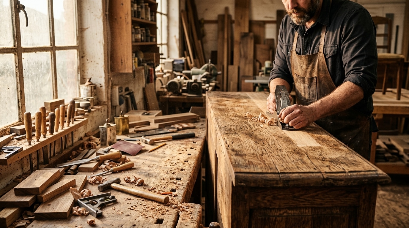 Buffet en bois massif ancien dans un atelier d'ébéniste