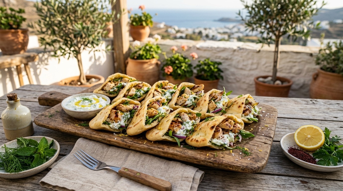 Mini pitas garnis de poulet citronné sur planche