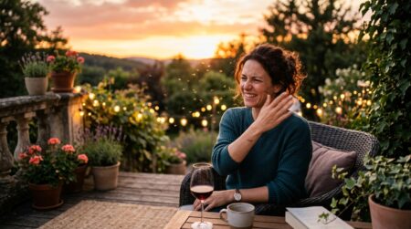 Femme chassant des moustiques sur une terrasse au coucher du soleil