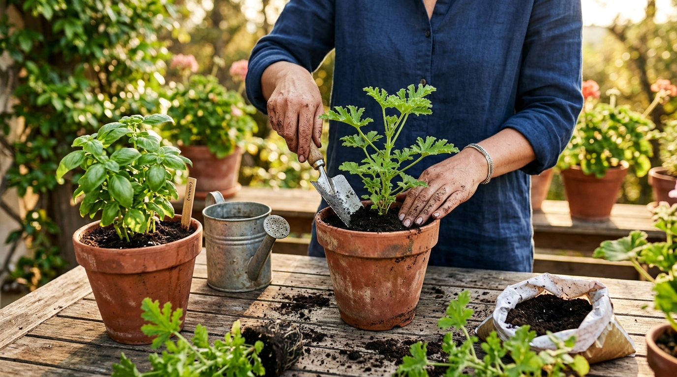 Plantes anti-moustiques citronnelle et basilic en pot sur terrasse