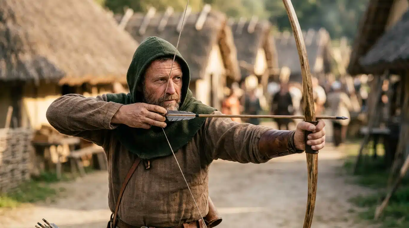 Archer médiéval bandant un arc en bois traditionnel