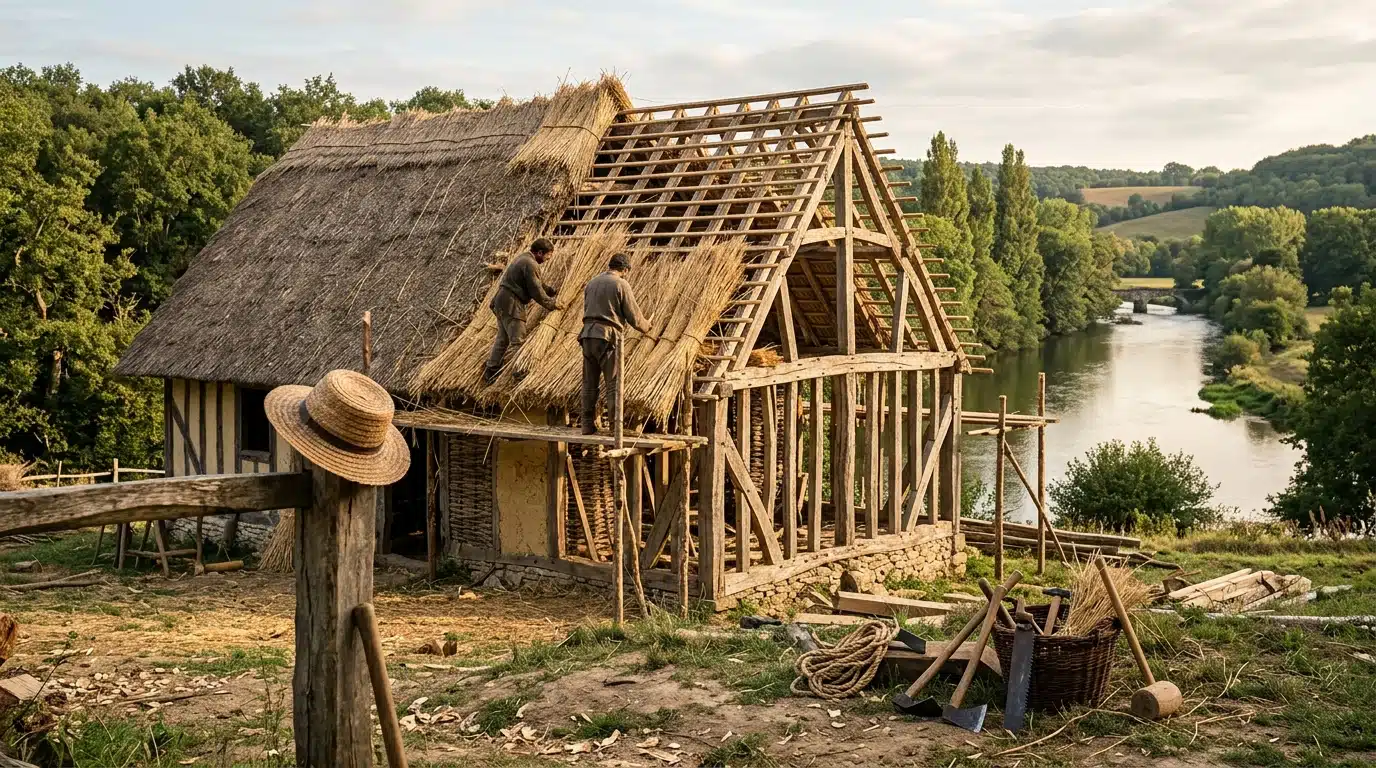 Toit de chaume en construction sur maison médiévale