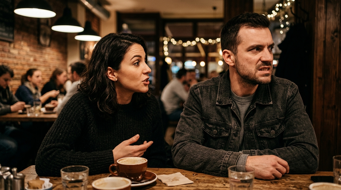 Couple en discussion tendue autour d'un café