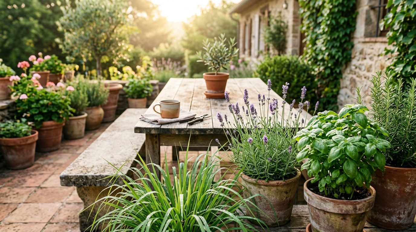 Pots de citronnelle et lavande sur terrasse ensoleillée