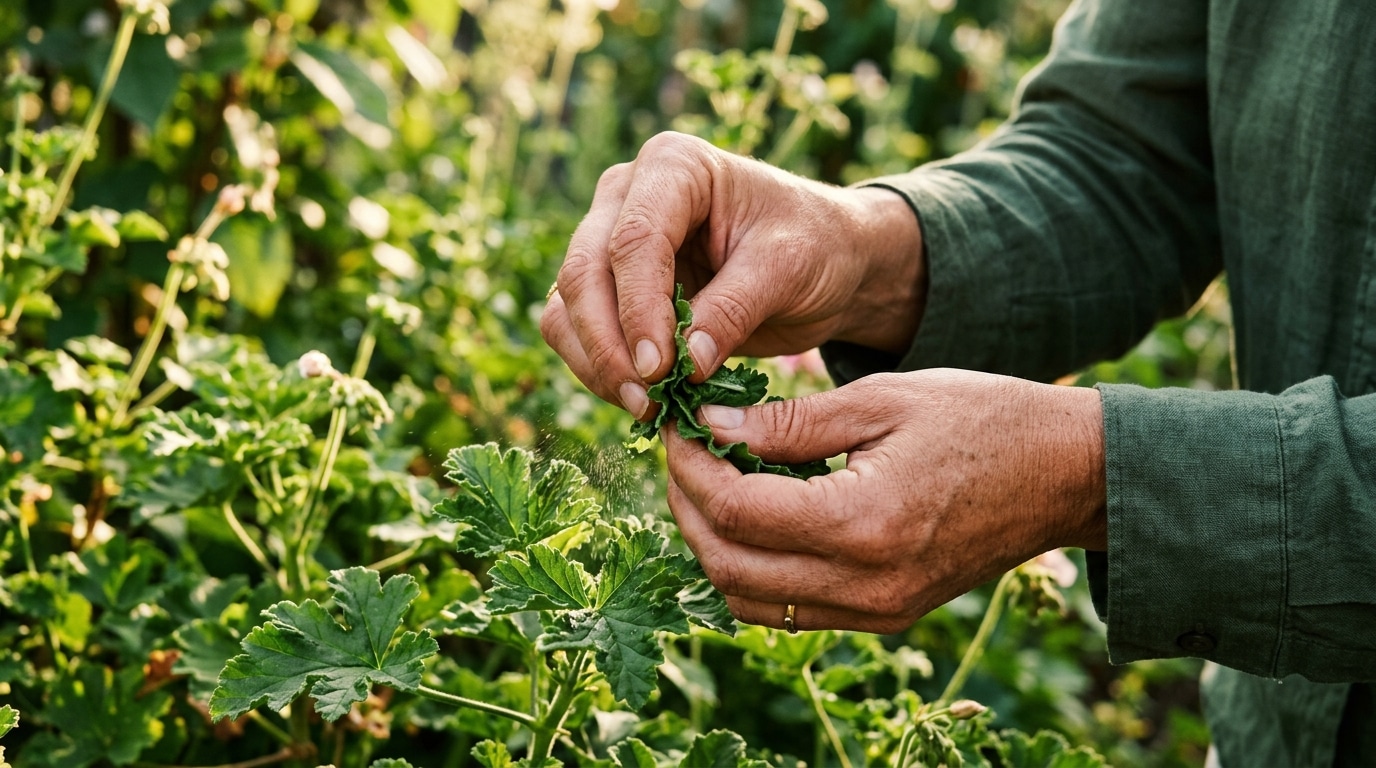 Mains froissant des feuilles de géranium odorant