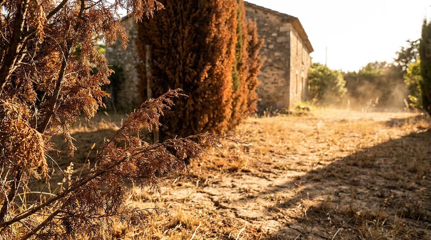 Haie de cyprès desséchée dans un jardin en plein été