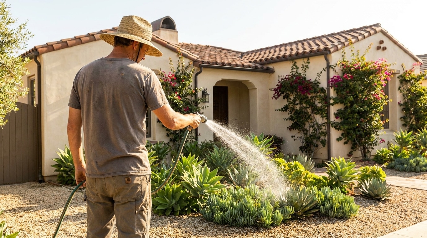 Personne arrosant des succulentes et du gravier autour d'une maison