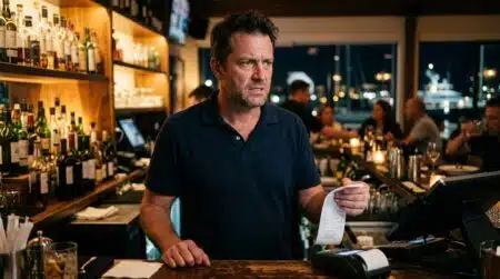Patron de restaurant tenant un ticket de caisse la nuit