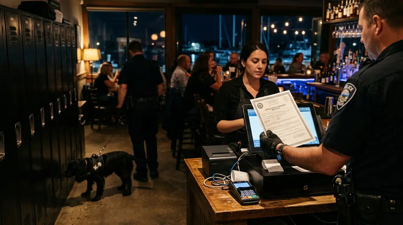 Chien policier reniflant des casiers dans un bar de nuit