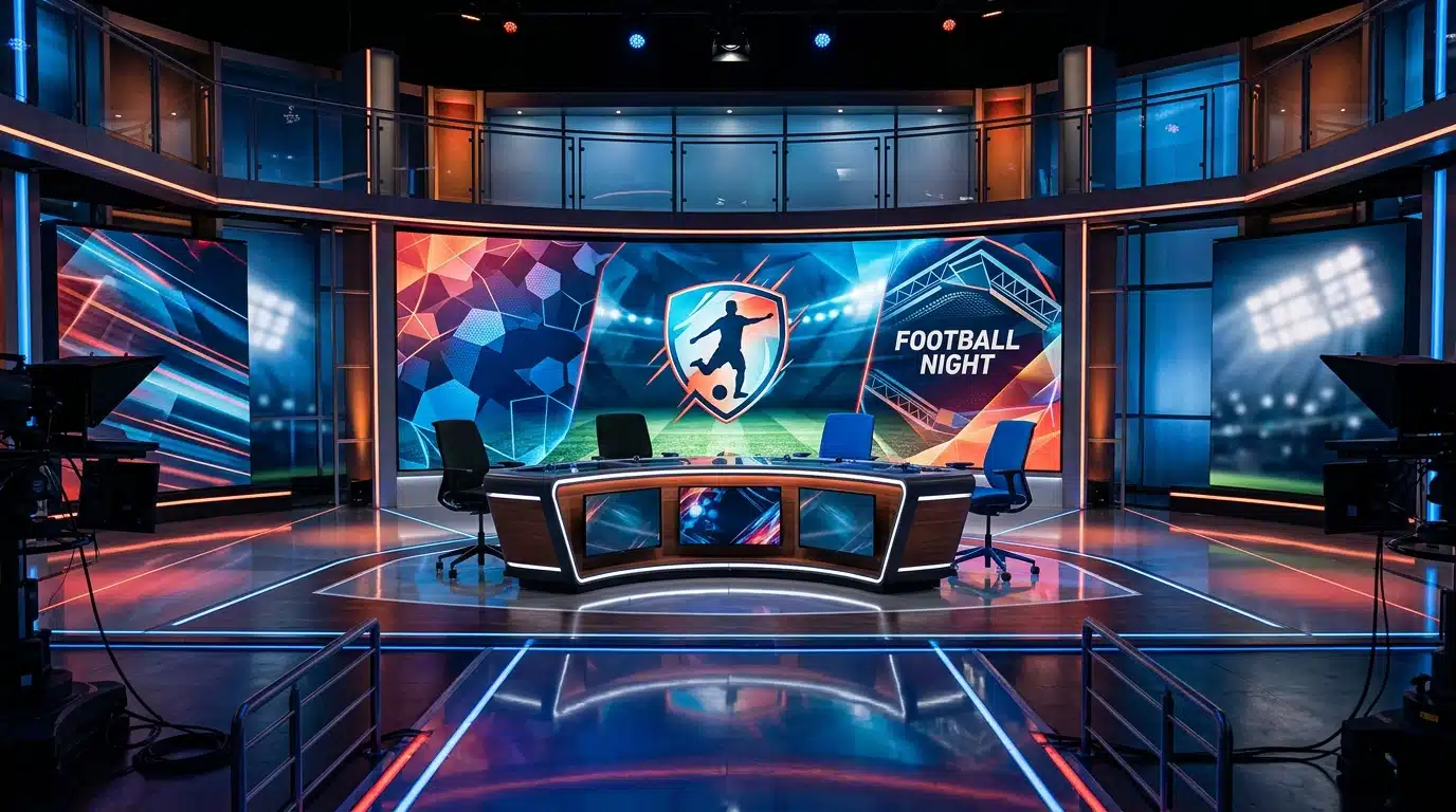 Studio de télévision sportif moderne prêt pour une émission de la Coupe du monde