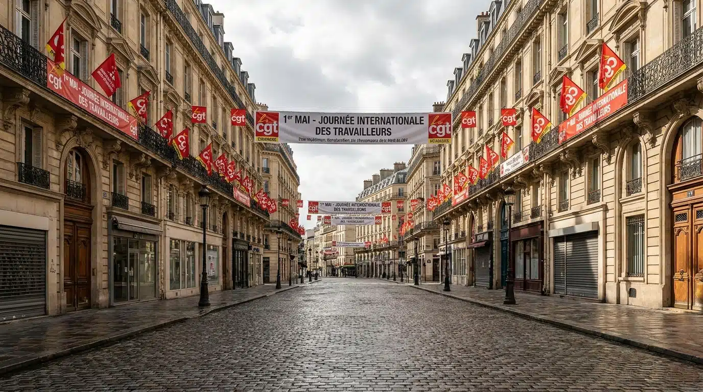 Rue française pavoisée de drapeaux rouges syndicaux pour le 1er mai