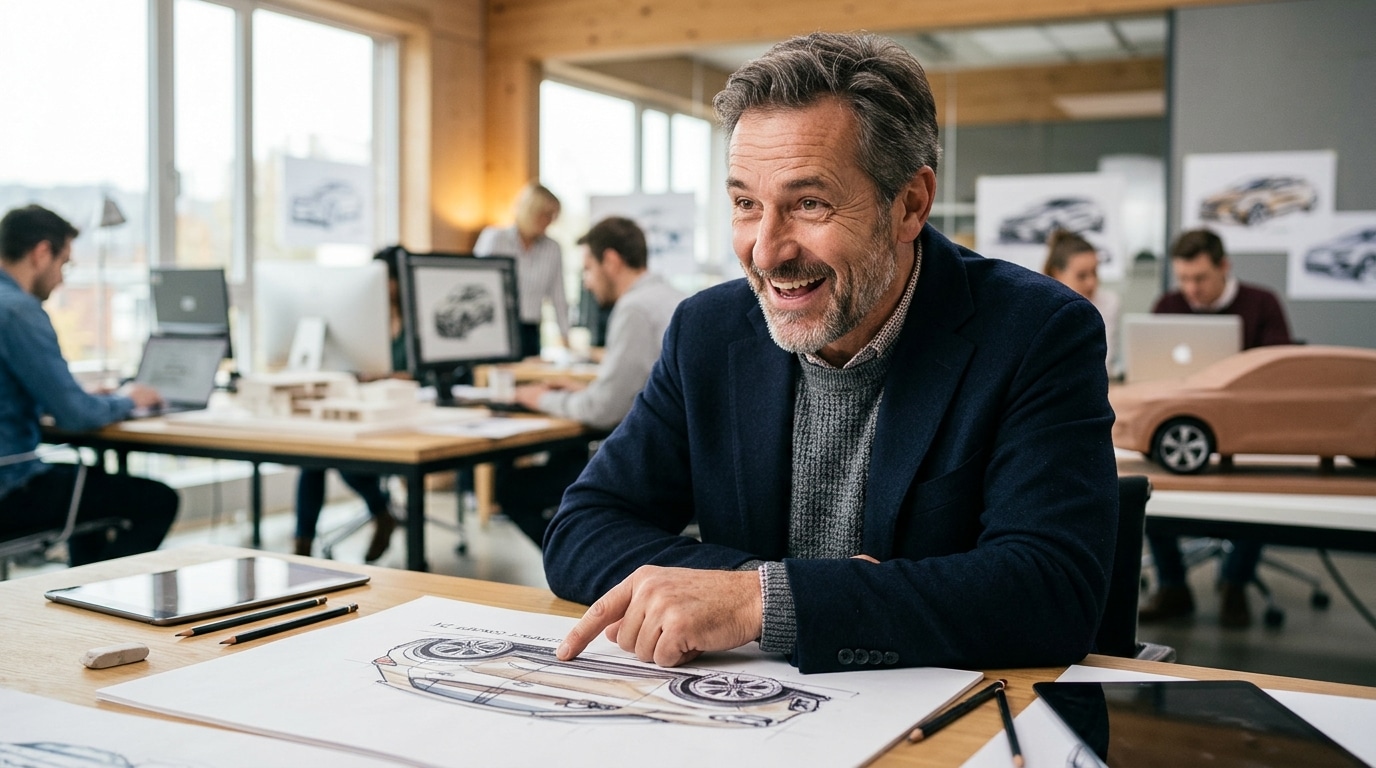 Homme souriant pointant un croquis de petite voiture