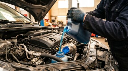 Bidon d'AdBlue versé dans réservoir de voiture diesel