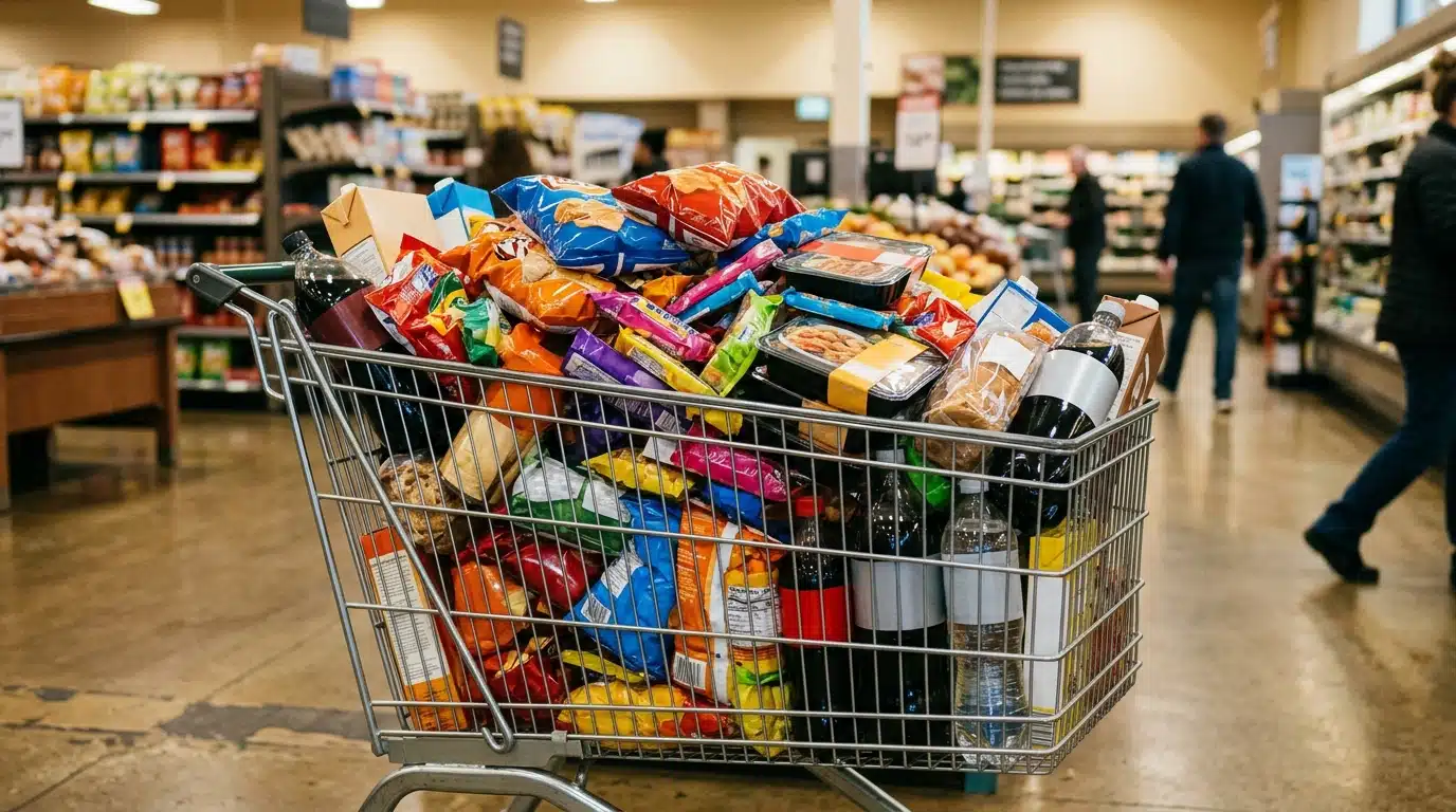 Chariot de supermarché rempli de produits alimentaires industriels