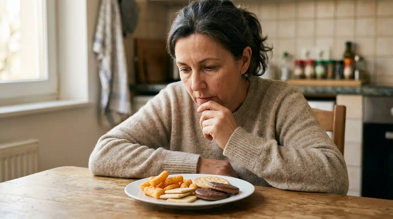 Personne inquiète regardant une assiette de snacks transformés
