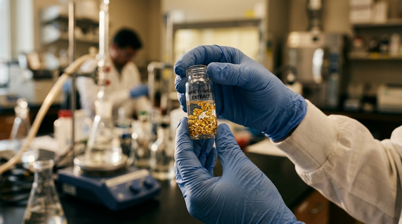 Chercheur tenant une fiole de pépites d'or en laboratoire