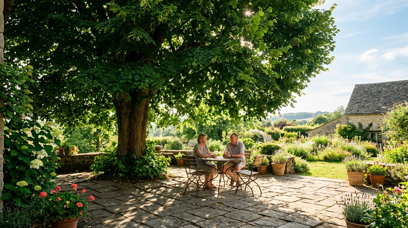 Terrasse ombragée sous un grand tilleul en été