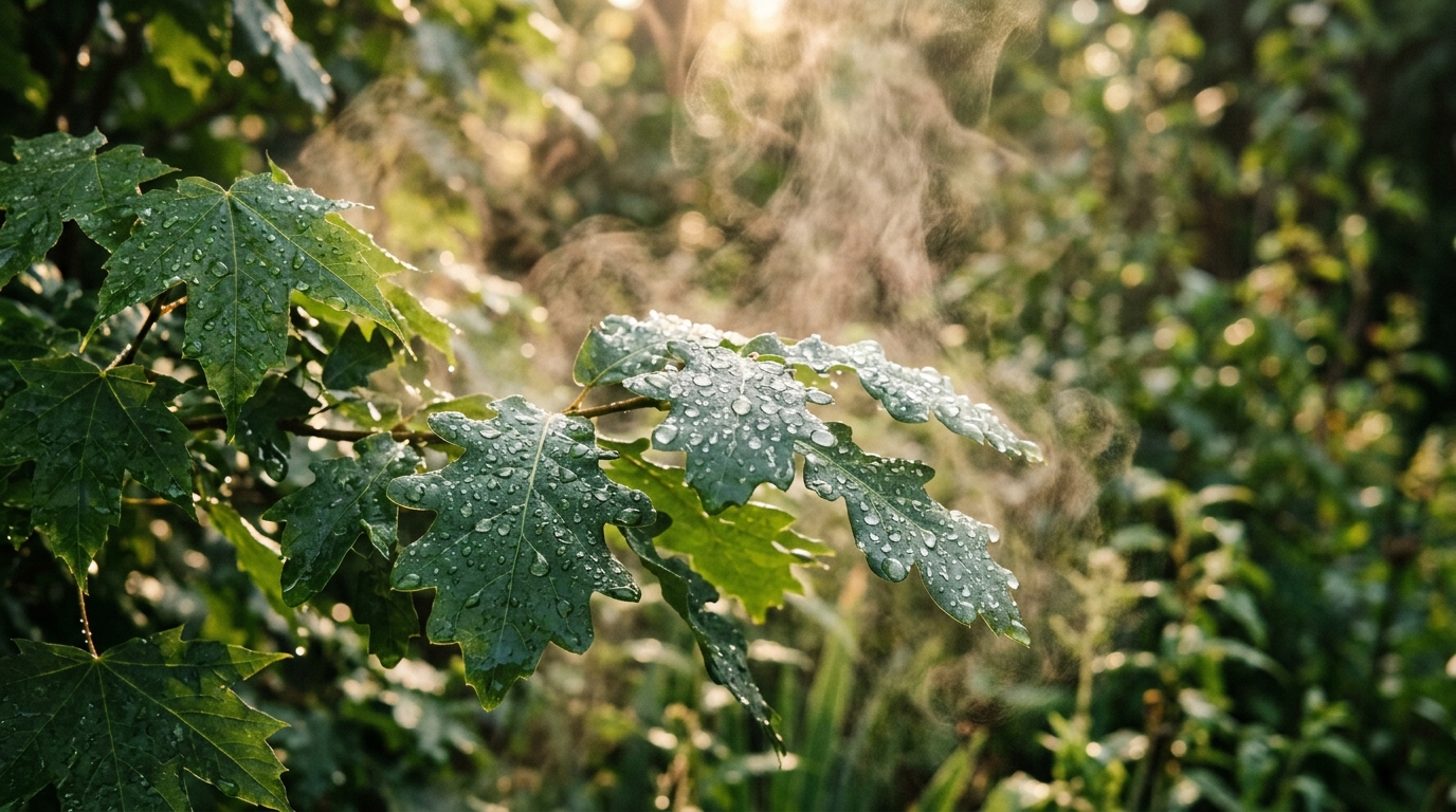 Feuillage vert avec vapeur d'eau et lumière matinale
