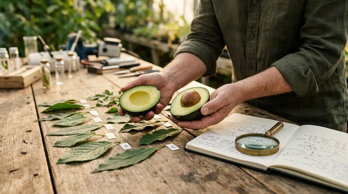 Mains examinant un avocat et des feuilles en laboratoire