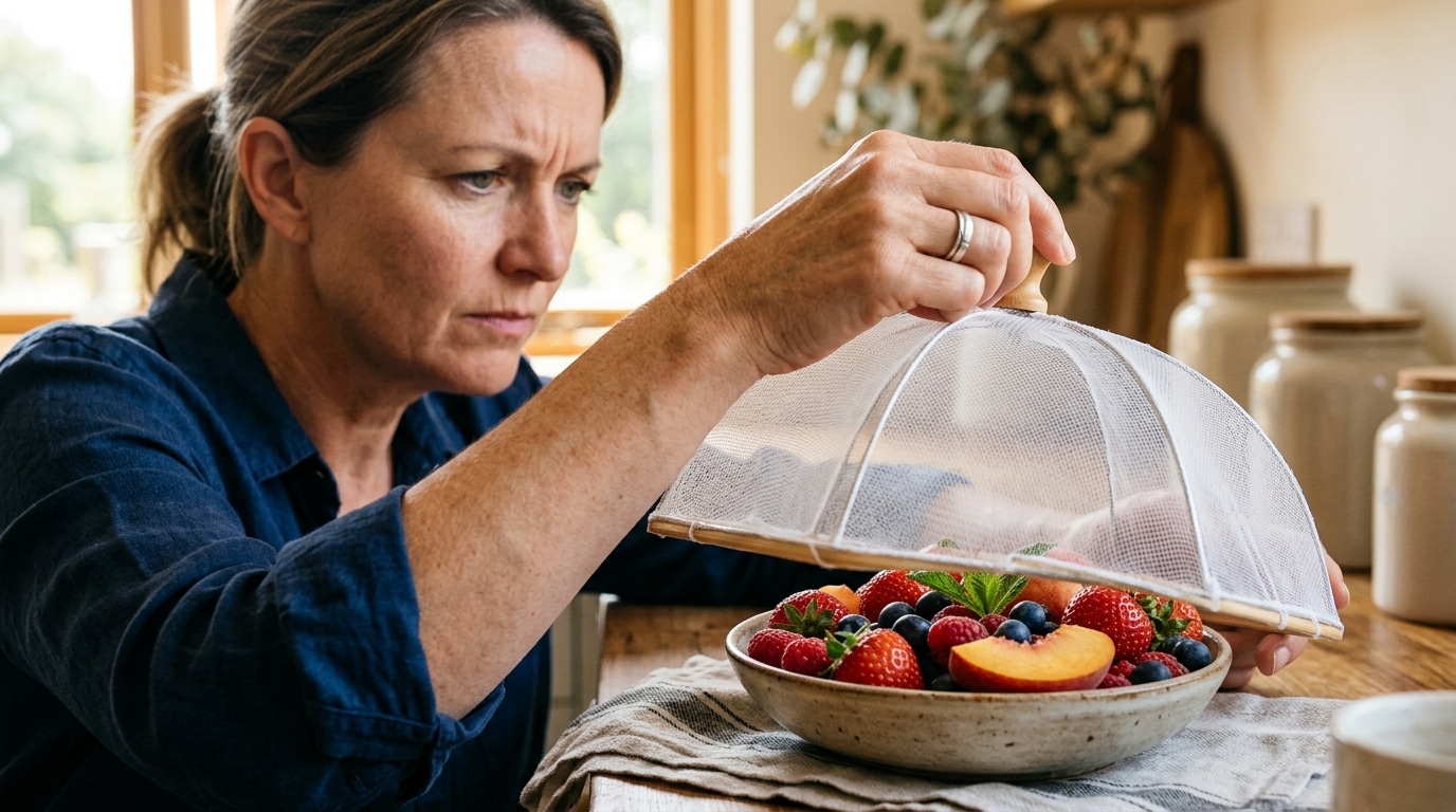 Main couvrant un bol de fruits avec un filet