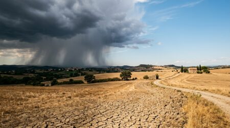 Ciel d'orage contrastant avec terre sèche craquelée