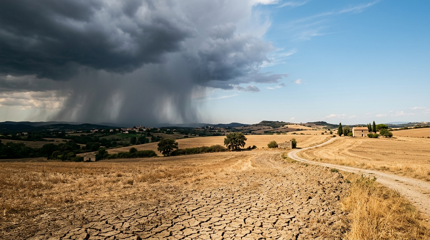 Ciel d'orage contrastant avec terre sèche craquelée