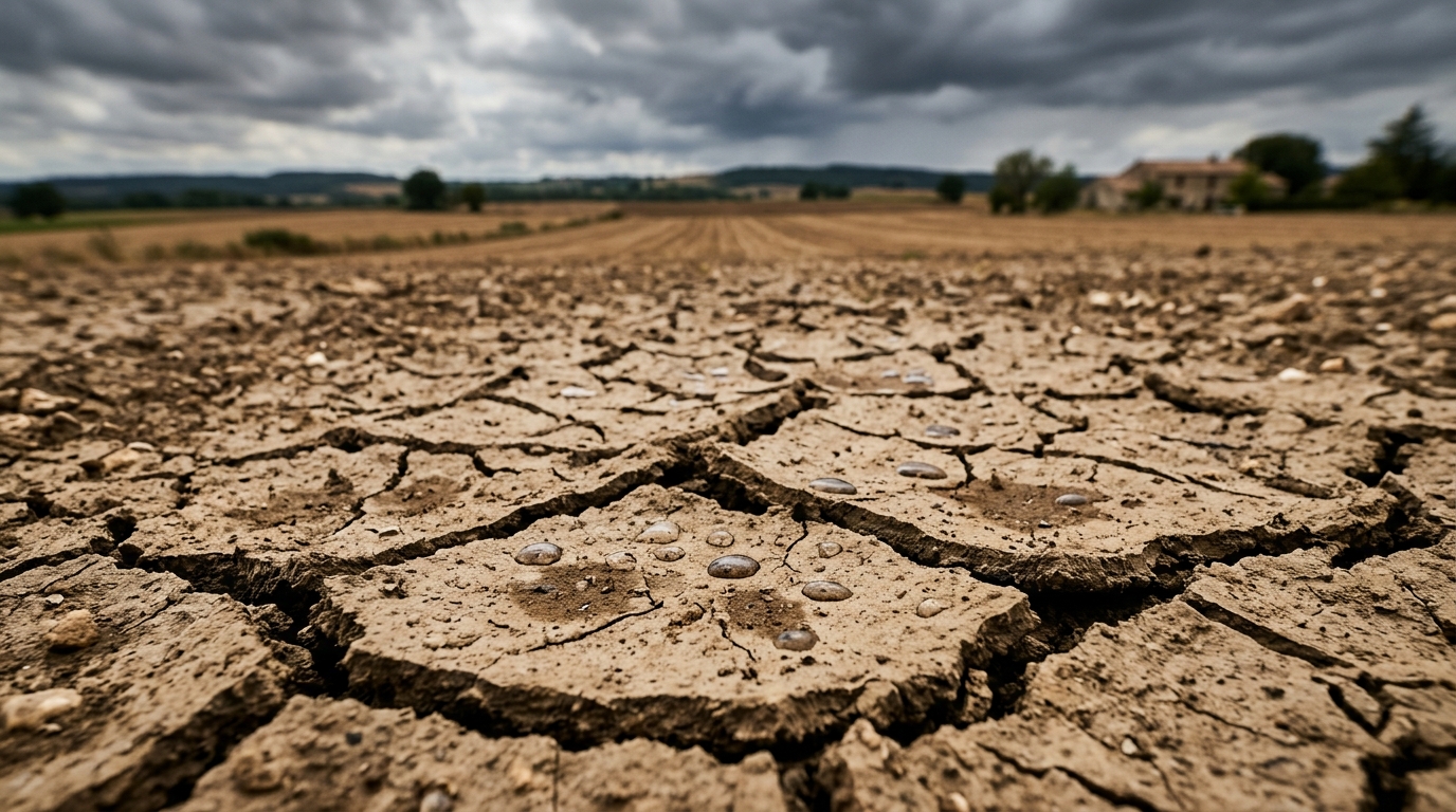 Gouttes de pluie tombant sur sol craquelé par la sécheresse