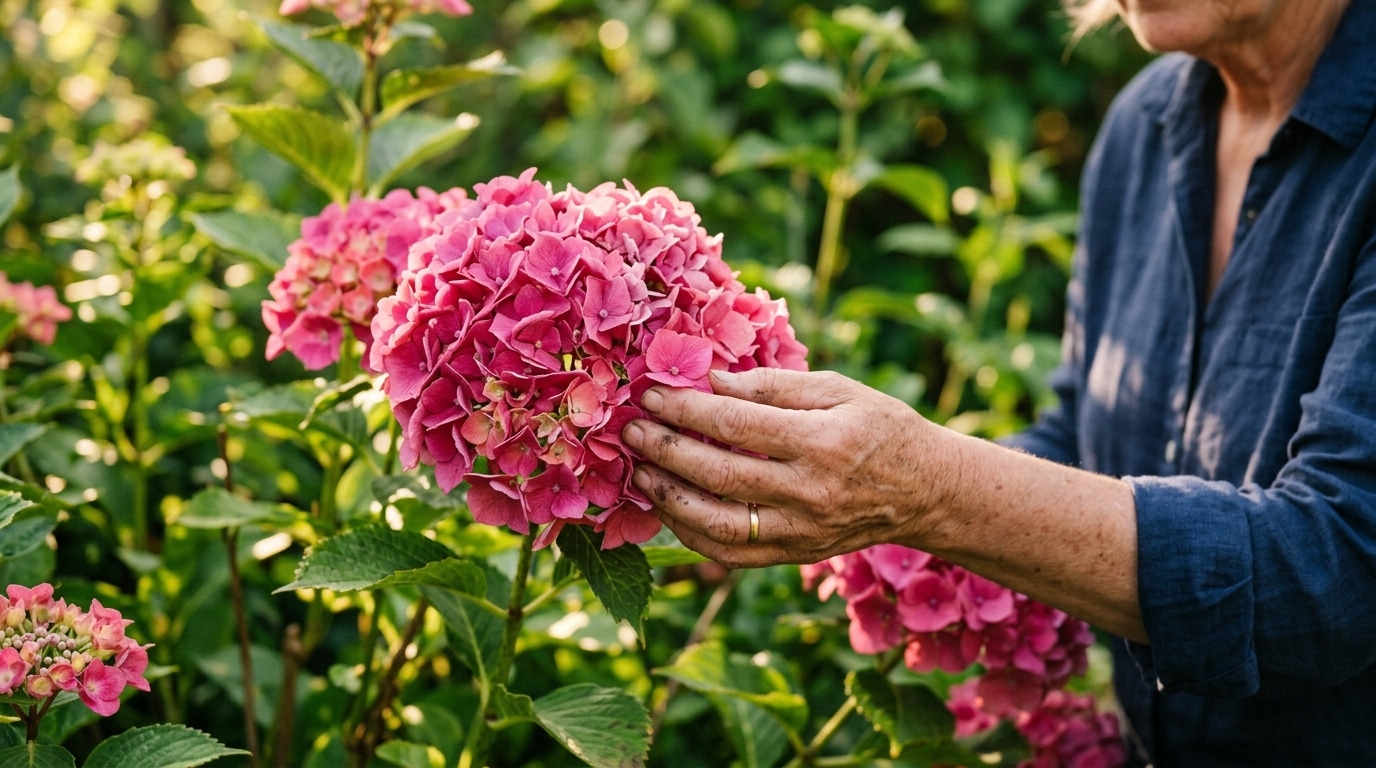 Hortensia rose vif en pleine floraison au jardin