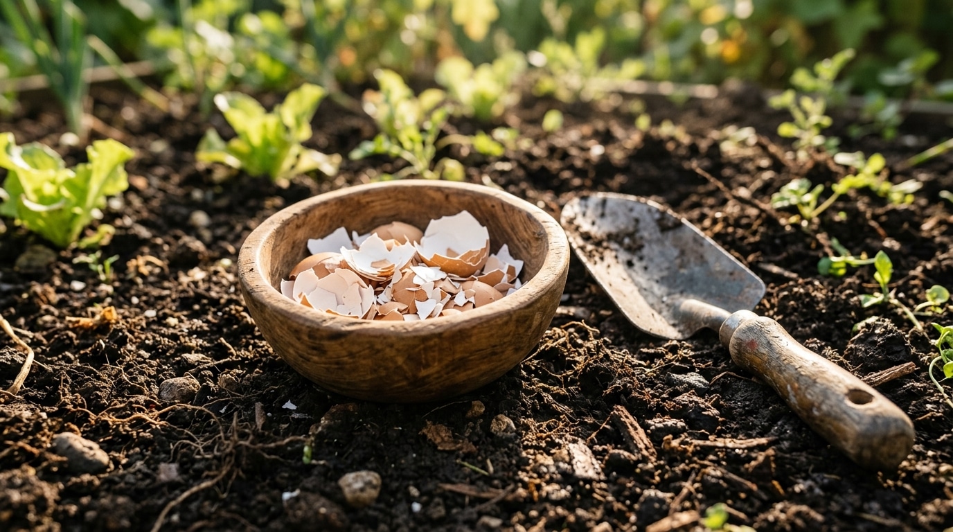 Coquilles d'œufs broyées dans un bol sur la terre