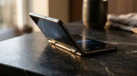 Smartphone pliant premium entrouvert sur surface sombre