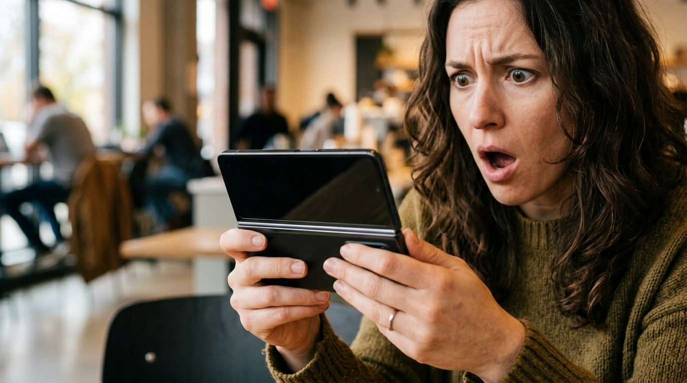 Personne surprise tenant un téléphone plié dans ses mains