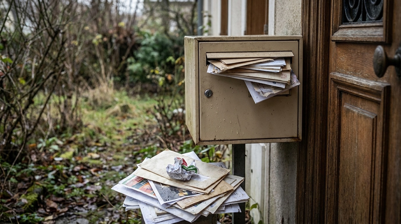 Boîte aux lettres débordante devant une porte d'entrée