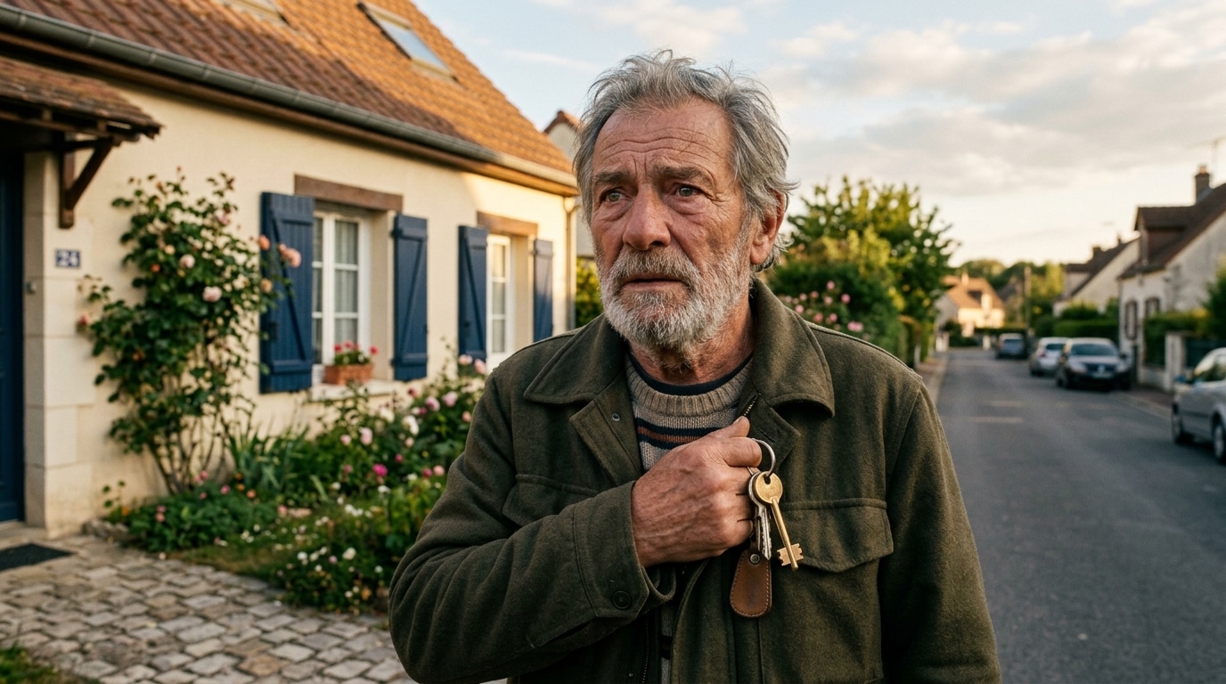 Retraité tenant des clés devant sa maison