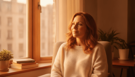 Femme pensive et soulagée près d'une fenêtre