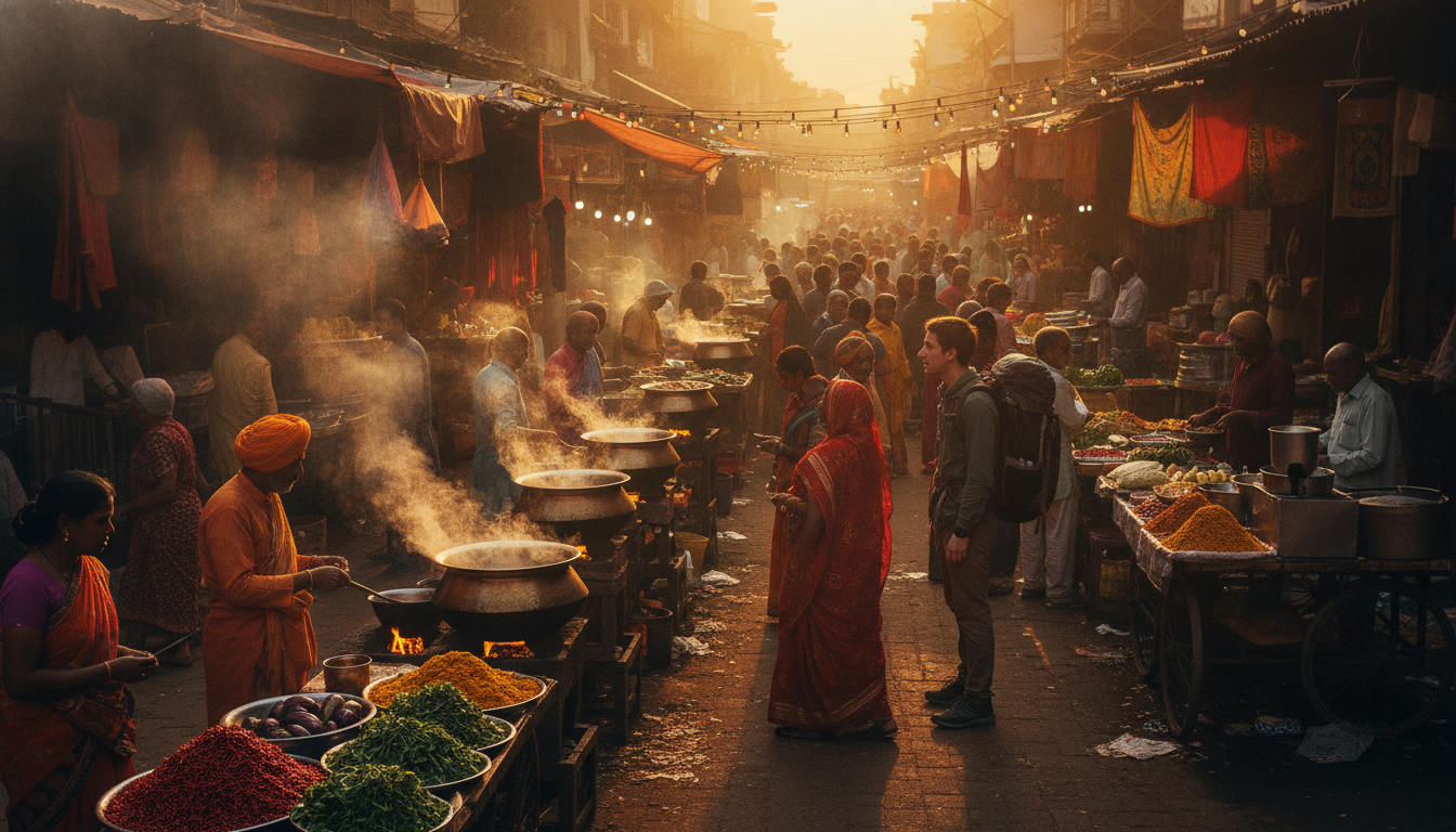 Marché de rue en Inde au coucher du soleil