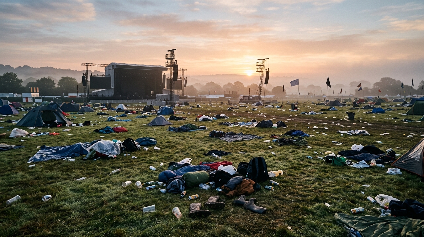 Champ de festival vide et abandonné à l'aube
