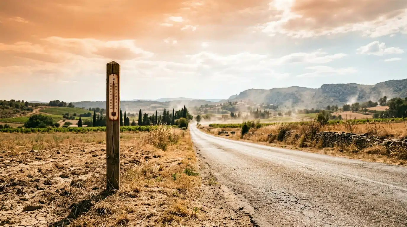 Route de campagne déformée par la chaleur intense