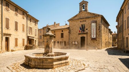 Place de village française écrasée par la chaleur estivale