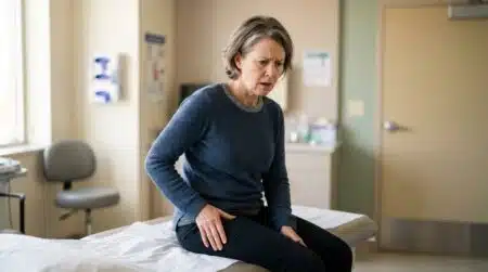 Femme d'âge mûr assise sur table d'examen médical